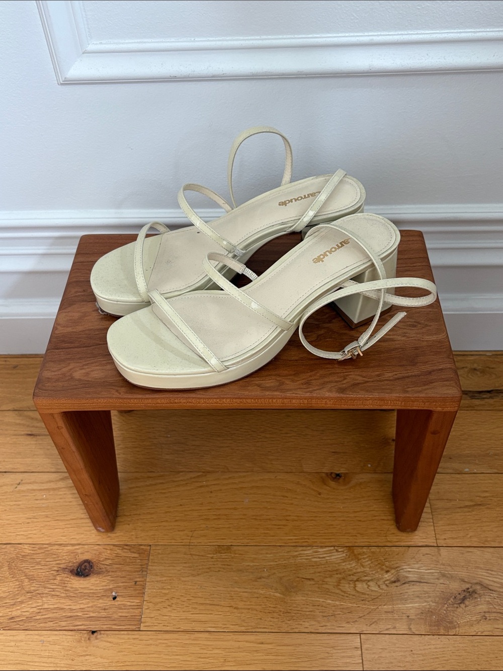 Larroude Cream Strappy Block Heel Sandals